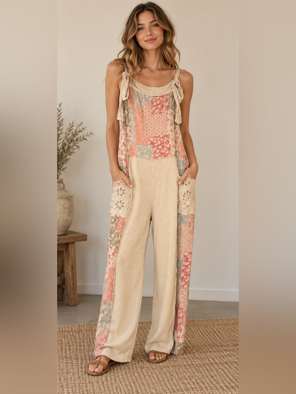 Easel Cream and Multicolor Floral wide leg Jumpsuit